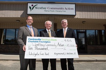 Centreville Savings Bank presents a check to Westbay for the Westgate Fire Fund.